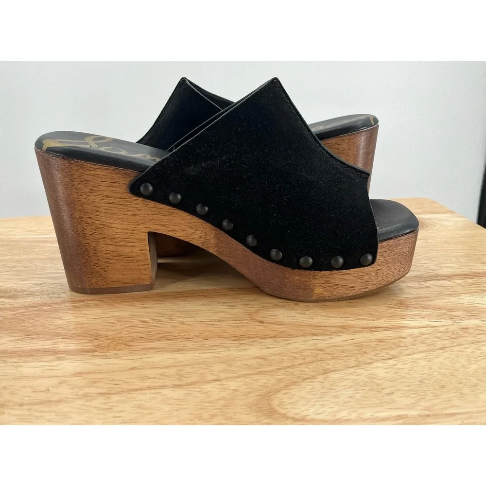 Sam Edelman Josselyn Black Squared Open Toe Slip On Studded Block Heels Size 7.5